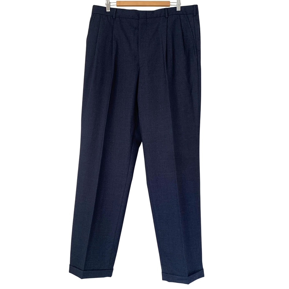 Lands End Dress Pants Men 38 Long Navy Blue Wool Pleated Cuffed Quiet Luxury USA